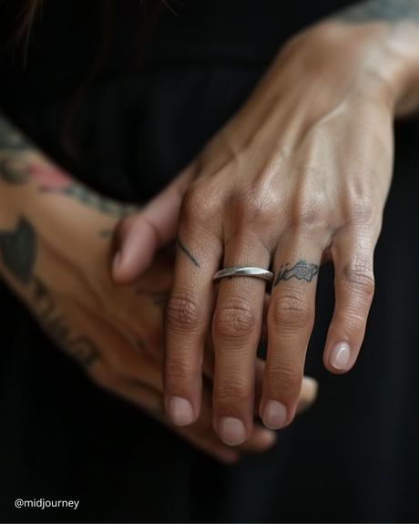 wedding ring tatoos hand with a ring of platinum on the middle finger on the ring finger tattoo in the form of symbol midjourney