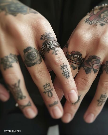 wedding ring tatoos hands with silver rings and rose tattoos instead of rings midjourney