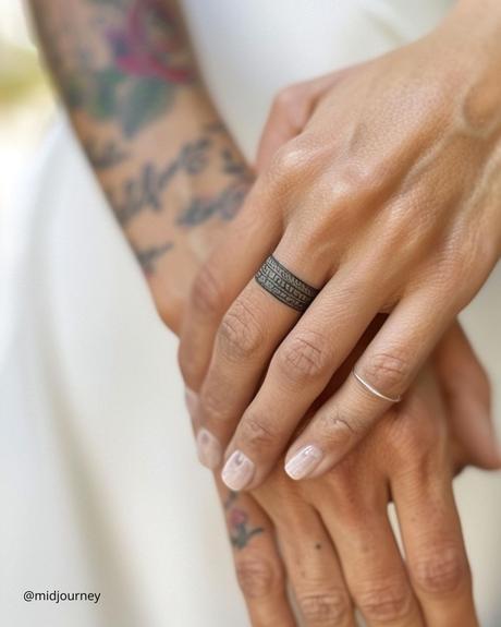 wedding ring tatoos simple three layer tattoo on the ring finger that resembles a wedding ring midjourney