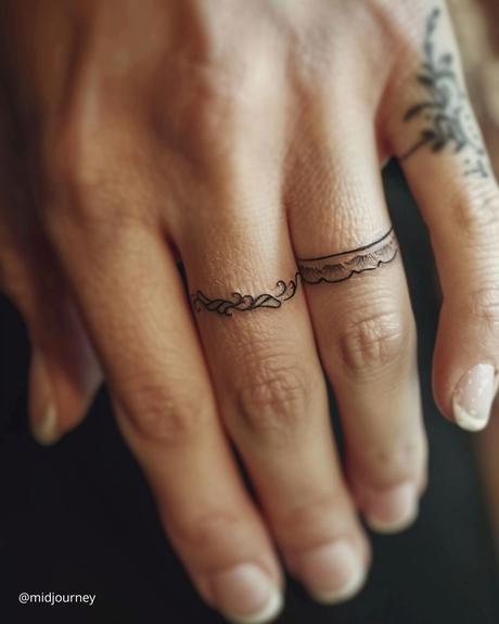 wedding ring tatoos two simple arm tattoos on the middle and ring finger imitating wedding rings midjourney