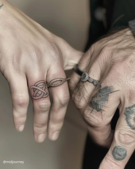 wedding ring tatoos two hands holding with fingers with tatooes on the fingers in form of rings midjourney