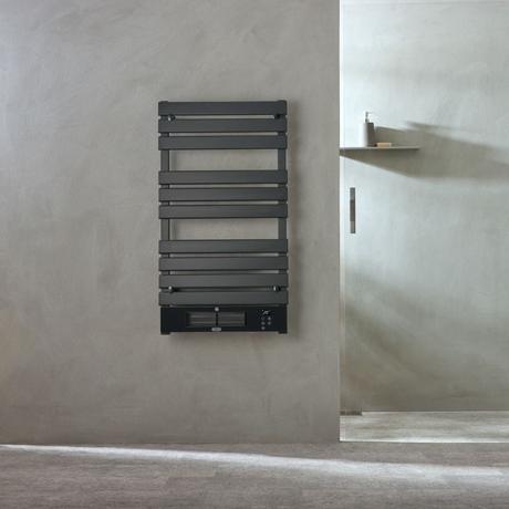 ECOSO Linus anthracite smart electric heated towel rail on beige wall 