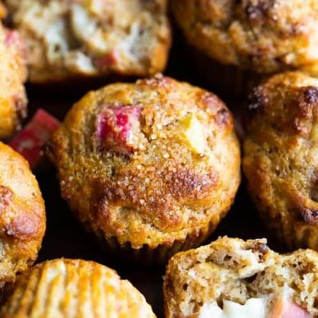 Close up shot of multiple healthy rhubarb muffins