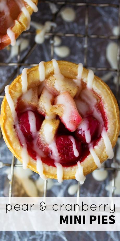 overhead close up view of mini pear and cranberry pies with brown butter glaze