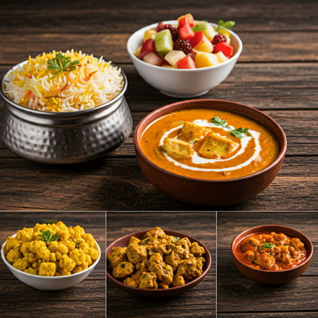 Marriage lunch dishes, including fruit salad, biryani, paneer butter masala and other dishes.