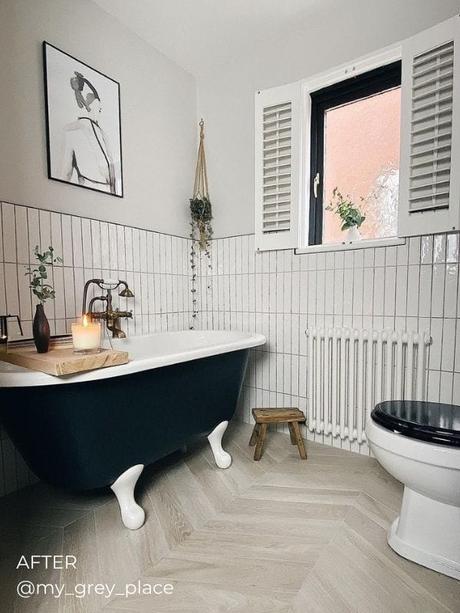 white column radiator in a modern boho bathroom