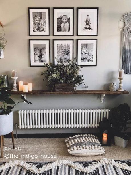 a vintage inspired white low level horizontal column radiator under a shelf