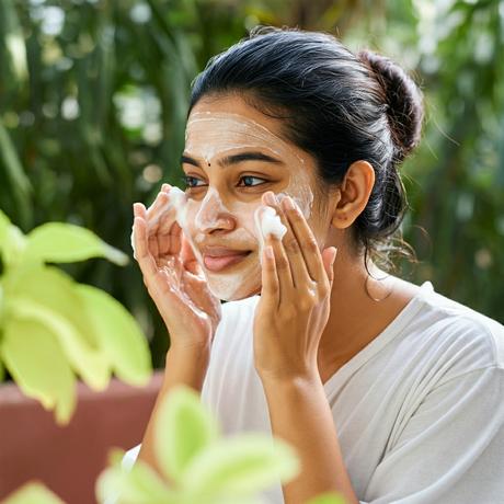 A woman with [hair color and style] gently cleanses her face with a soap-free facial wash, ideal for maintaining healthy skin during the humid monsoon season.