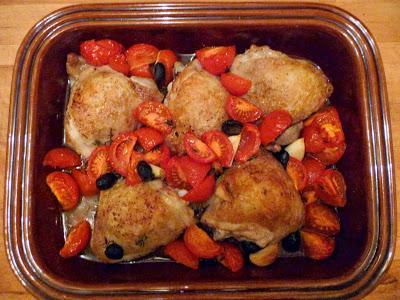 Baked chicken with tomatoes and olives for Nigel Slater Dish of the Month