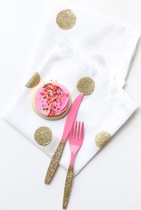 DIY glittered decoupage cake stand and table settings by Sugar & Cloth