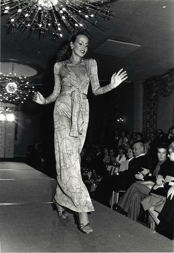 Diane von Furstenberg's wrap dress modeled by Jerry Hall in 1975