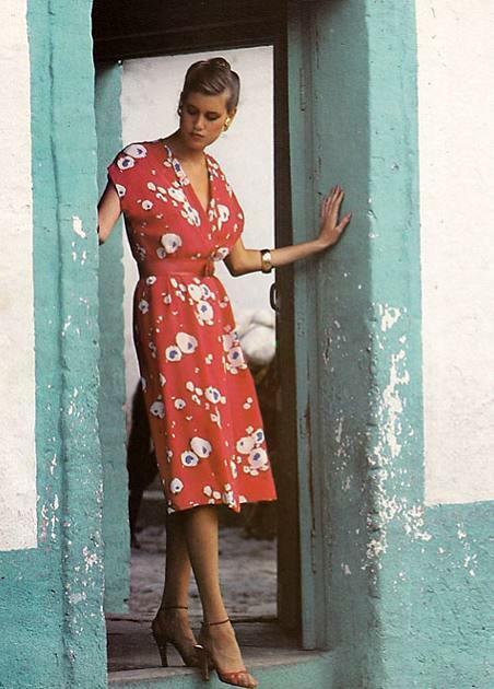 Vogue 1980 a model wears a DVF wrap dress