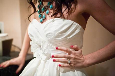Bride wearing blue necklace