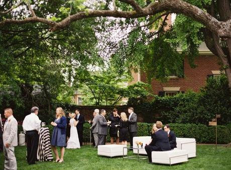 Informal wedding reception in backyard