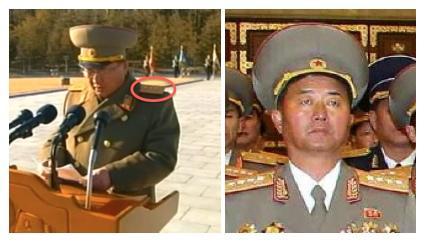 Minister of the People's Armed Forces Jang Jong Nam speaks at a 3 February 2014 rally (L) with the rank of Colonel General on his shoulder boards. Jang visits Ku'msusan on 24 December 2013 (R) with the rank of Generalon his shoulderboards (Photos: KCTV screen grab, Rodong Sinmun).