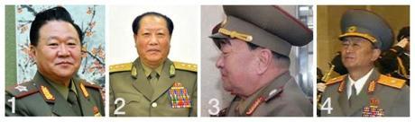 Senior KPA officials who have been demoted since 2011: Choe Ryong Hae (1); Choe Pu Il (2); Kim Kyok Sik (3); Yun Tong Hyon (4) (Photos: Xinhua, Rodong Sinmun, FAR/PRLNA, KCNA-Yonhap).