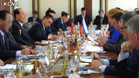 Kim Yong Nam (1) and a DPRK delegation meet with Valentina Matviyenko, Chair of the Russian Federation Council, and senior Russian officials in Moscow on 6 February 2014 (Photo: KCNA).