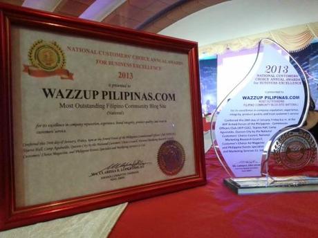 Wazzup Pilipinas Most Outstanding Filipino Community Blog Site Trophy and Certificate