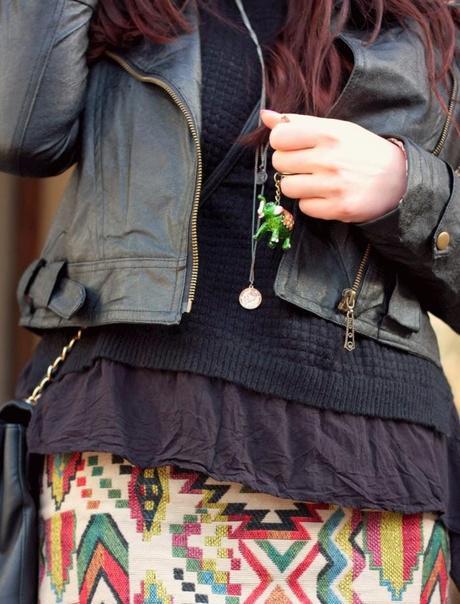 faux leather jacket, tribal print skirt, black sweater, long skinny necklaces, rosegal leather jacket, fashion blogger, all black everything, bvlgari necklaces, black chelsea boots