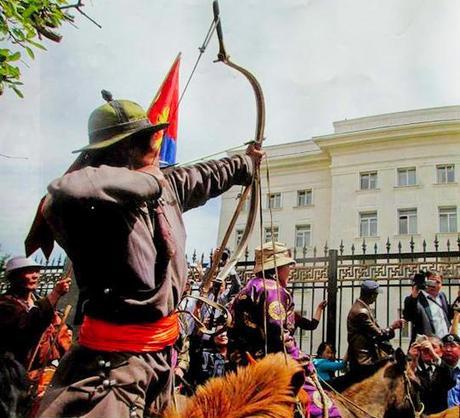 D. Tumurbaatar, also sentenced to 21 years 6 months, shoots an arrow at Parliament after the April 2011 protest where 100 horse-riding herders demonstrated in Sukhbaatar Square (in front of Government House). Demonstrators requesting enforcement of the LLN set up eight gers on the square, called for a national referendum and collected signatures. When the President, Prime Minister and Parliament Speaker ignored their request to meet, Mr. Tumurbaatar conveyed his message by shooting an arrow.