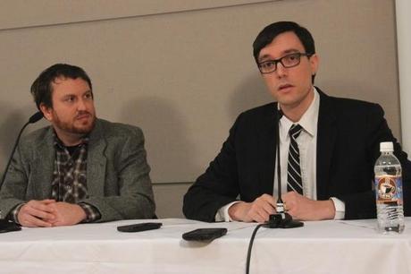 BCCLA executive director Josh Paterson (right) was joined by ForestEthics Advocacy campaign director Ben West and other environmental advocates at a February 6 press conference protesting alleged government surveillance.