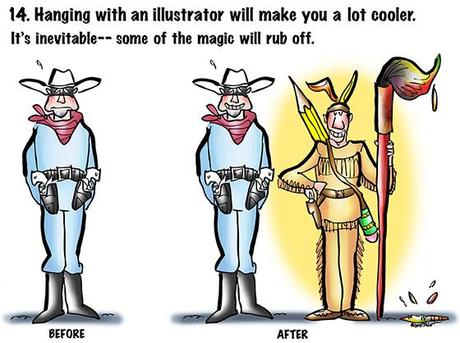 Lone Ranger and Tonto, good guy icons of American wild west pop culture, before and after, Ranger now cool because he's basking in glow of Tonto the illustrator with pencil and Indian Paintbrush