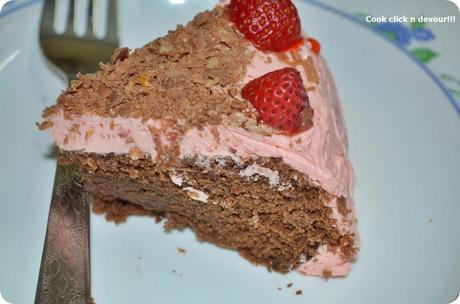 Egg less chocolate cake with strawberry butter cream icing