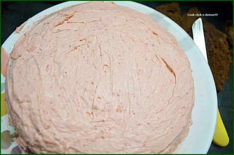Egg less chocolate cake with strawberry butter cream icing