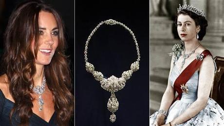 Duchess Kate and Queen Elizabeth II wearing diamond necklace