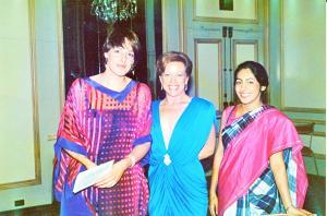 Here we are at the Stanford Court that night with postdoctoral fellows, Dr. Karin Sturm from Heidelberg, Germany, on the left and Dr. Madhu Varma from Madras, India, on the right. My wife, Becki, is in the middle. I recall that Dr. Pauling enjoyed this night as well. 