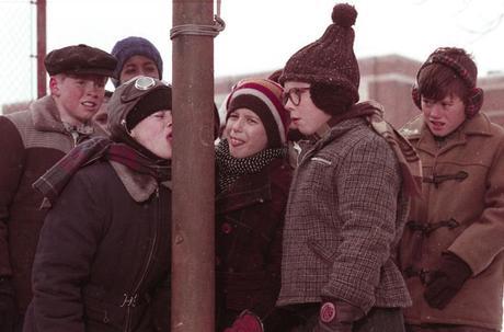 Scene from the  1983 movie “A Christmas Story” in which one of the characters gets his tongue stuck to a metal pole.