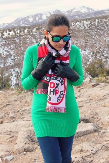 Green Sweater. J Brand Jeggings, Ecco Boots, Diesel Scarf, Tanvii.com