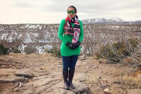 Green Sweater. J Brand Jeggings, Ecco Boots, Diesel Scarf, Tanvii.com