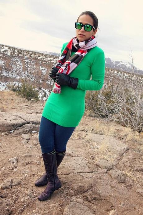 Green Sweater. J Brand Jeggings, Ecco Boots, Diesel Scarf, Tanvii.com