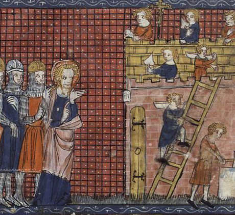 Saint Valentine of Terni oversees the construction of his basilica at Terni, from a 14th-century French manuscript. Photo via Wikimedia Commons (public domain.)