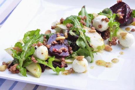 Salad of Roasted Beets, Fragrant Pear, Arugula, Labneh and Indian Millet