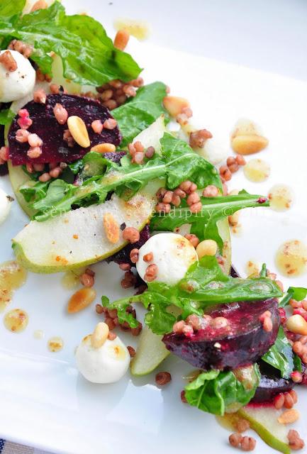 Salad of Roasted Beets, Fragrant Pear, Arugula, Labneh and Indian Millet