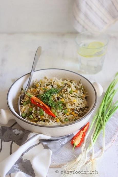 CHANA DAL, MATAR AUR HARA LEHSUN KA PULAO (Spring Garlic, Split Bengal Gram & Pea Pilaf)