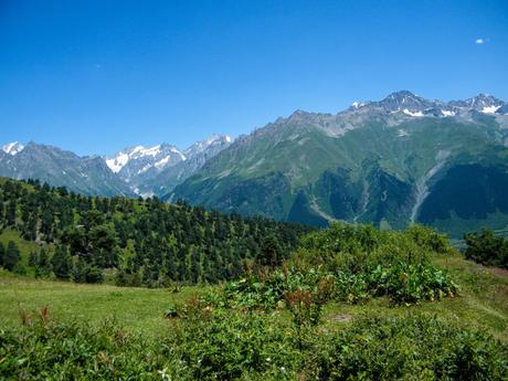 A sweeping vista of a mountain range, its rugged slopes dotted with patches of snow, flanked by dense clusters of greenery that soften the harsh lines of the peaks.