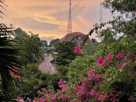 A dome-shaped structure surrounded by blooming pink bougainvillea, with a road and communication towers visible in the background at sunset.