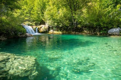 A small waterfall flows into a crystal-clear turquoise pool, surrounded by greenery. The sunlight highlights the vibrant colors of the water, creating a serene natural oasis.