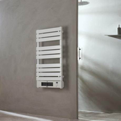 ECOSO Linus white smart electric heated towel rail with fan on beige background in modern bathroom