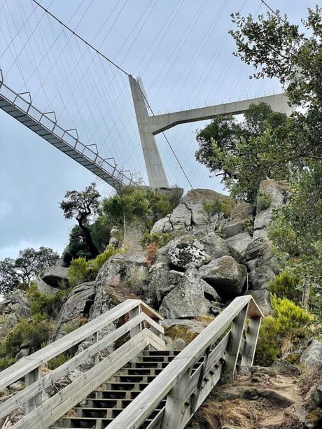 One end of the large Arouca suspension bridge seen from below, with rocky terrain and a section of the Paiva Walkways wooden staircase leading up toward the bridge. The cables of the bridge stretch into the sky, while trees and bushes frame the foreground.