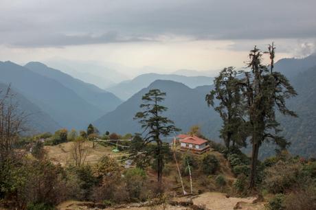 A solitary house nestled in the mountains, surrounded by tall trees and greenery, with layers of rolling hills fading into the misty distance. The overcast sky adds to the calm and secluded feel of the location.