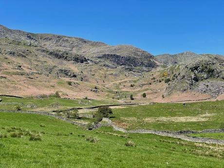 A wide view of a hilly landscape, with patches of green grass and rocky outcrops under a clear blue sky. Stone walls weave through the terrain.