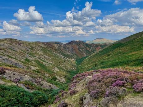 Rolling hills are covered in green and purple heather, with a wide valley running through the center. The scene is bright and colorful under a partly cloudy sky.