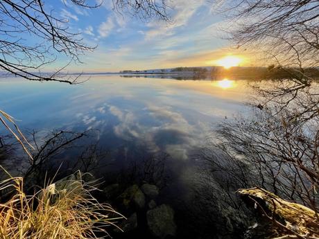 The sky reflects on the glassy surface of a serene lake, surrounded by bare tree branches and grassy shores. The sun is setting on the horizon, casting a golden glow over the tranquil scene.