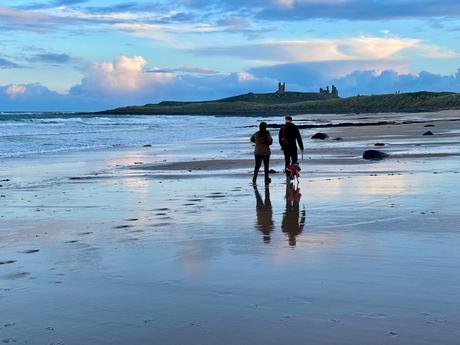 A couple and their dog stroll along a beach as the sun sets, casting reflections on the wet sand. In the distance, an old castle ruin stands on a hill overlooking the sea.