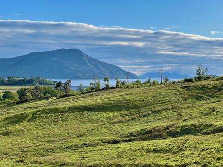 A scenic landscape of rolling green hills with a mountainous backdrop and a large lake glistening in the distance, under a blue sky with fluffy clouds.