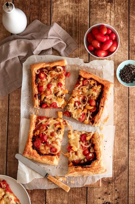 Roasted veggie and tomato pesto tart